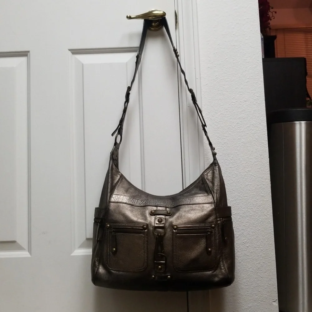 Authentic RAFE Large Leather Bag Color Btwn Metallic Bronze/Gunmetal Silver Gray